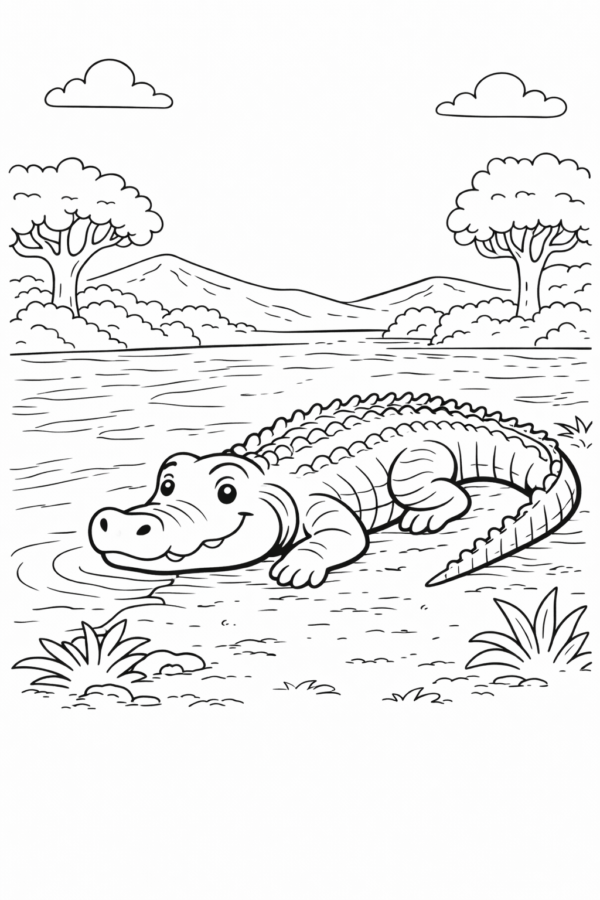 Cocodrilo descansando junto al río Expedicion Selva - Colorea tu Aventura