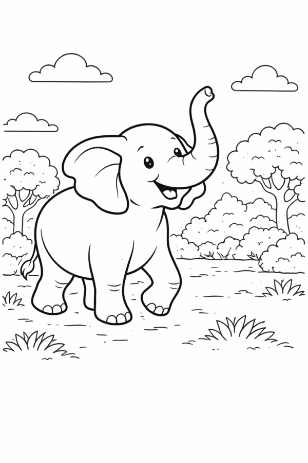 Elefante sonriente en la naturaleza Expedicion Selva - Colorea tu Aventura