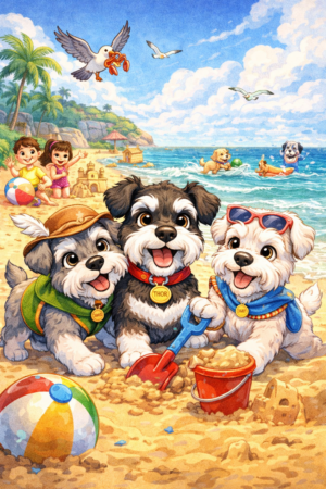 Divertido día de playa con Schnauzers Thor Y sus Primos en la Playa Mágica